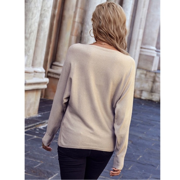 Khaki Casual Boat Neck Knit Sweater Top Pullover Long Sleeve - Picture 3 of 5